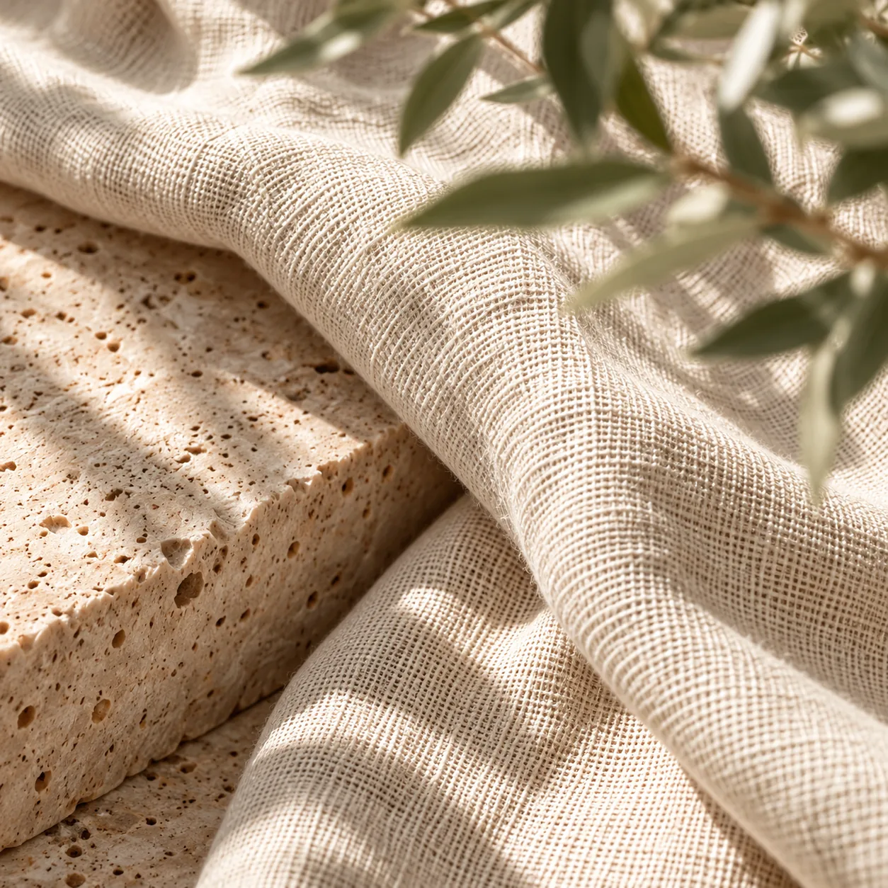 Linen draped over travertine stone