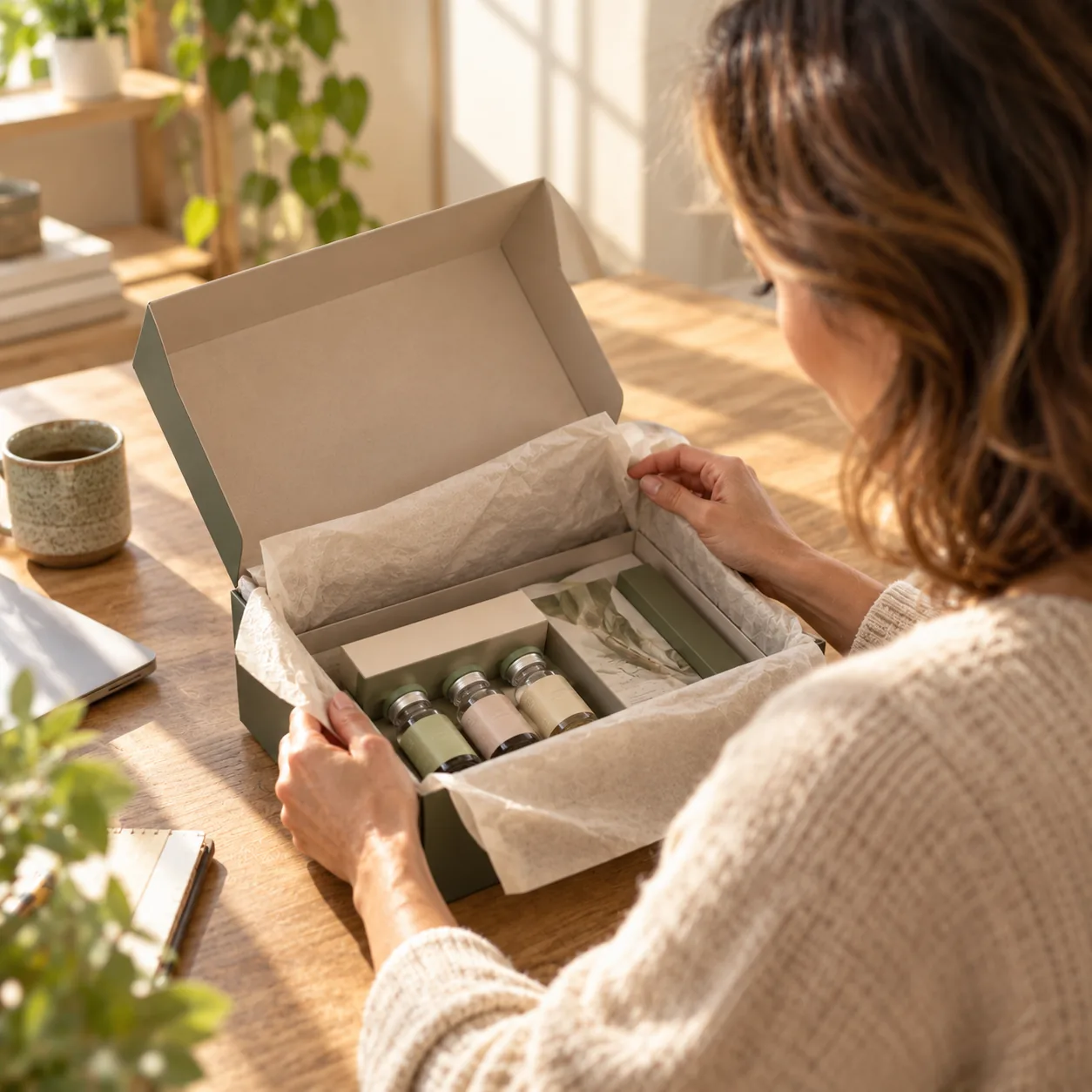Patient unboxing their NIOVI treatment delivery at home