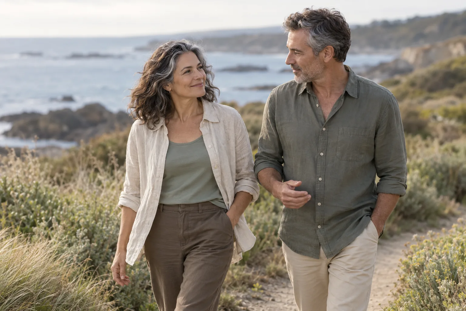 Couple walking together along the coast