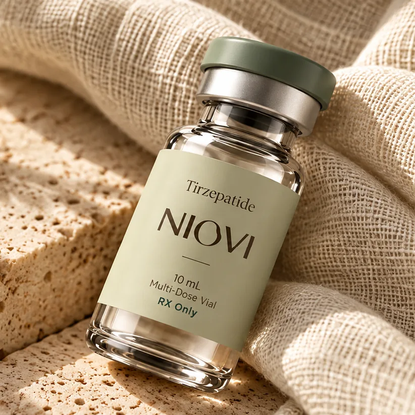 NIOVI Tirzepatide vial resting on linen